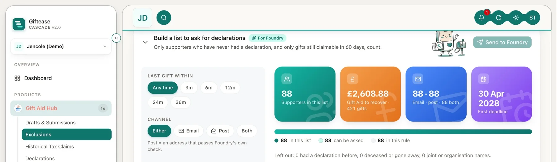 Cascade list builder: choose who to ask for a declaration, with live totals and Send to Foundry (example data)