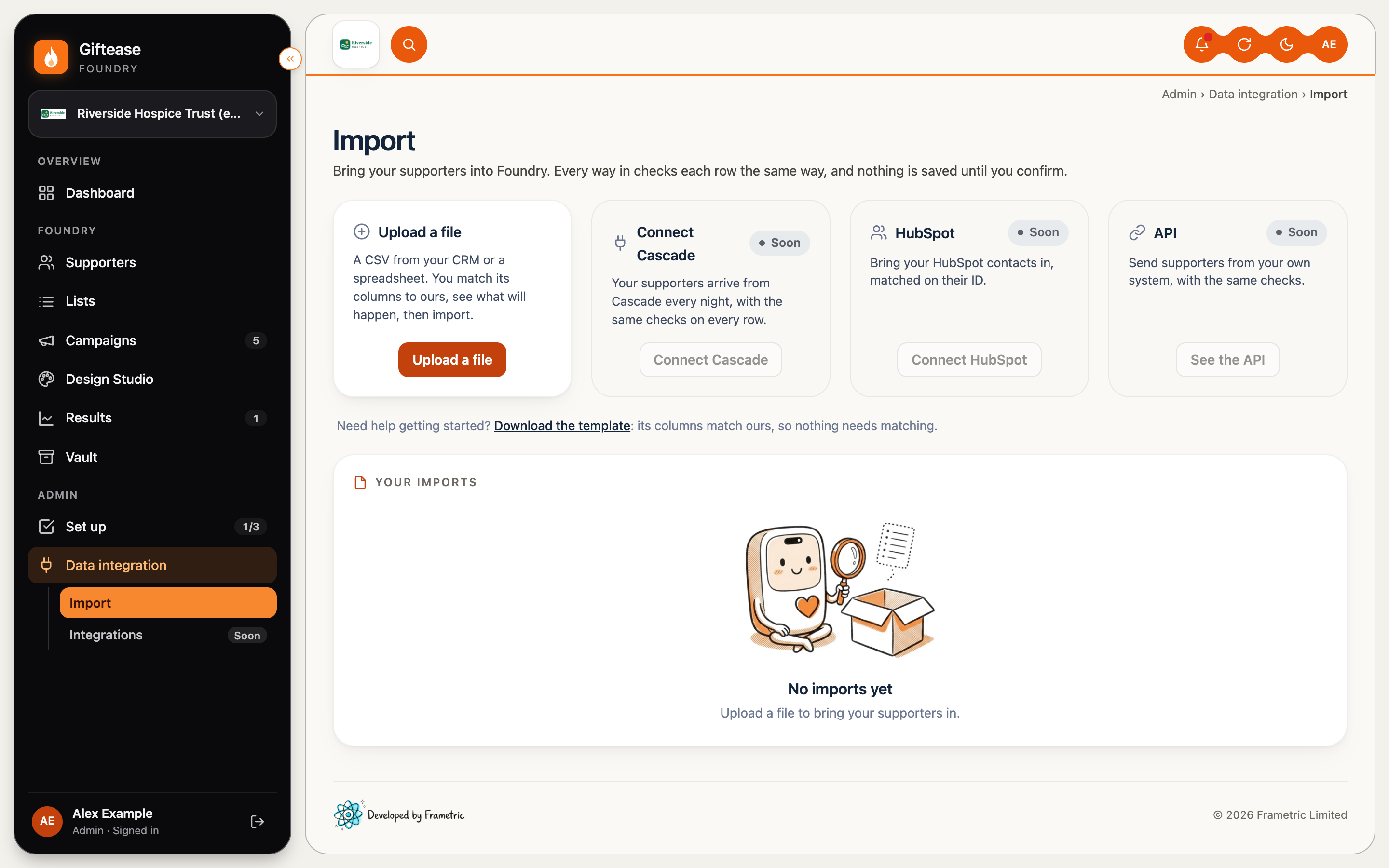 Foundry's Import page on a computer, under Data integration, with the Upload a file option