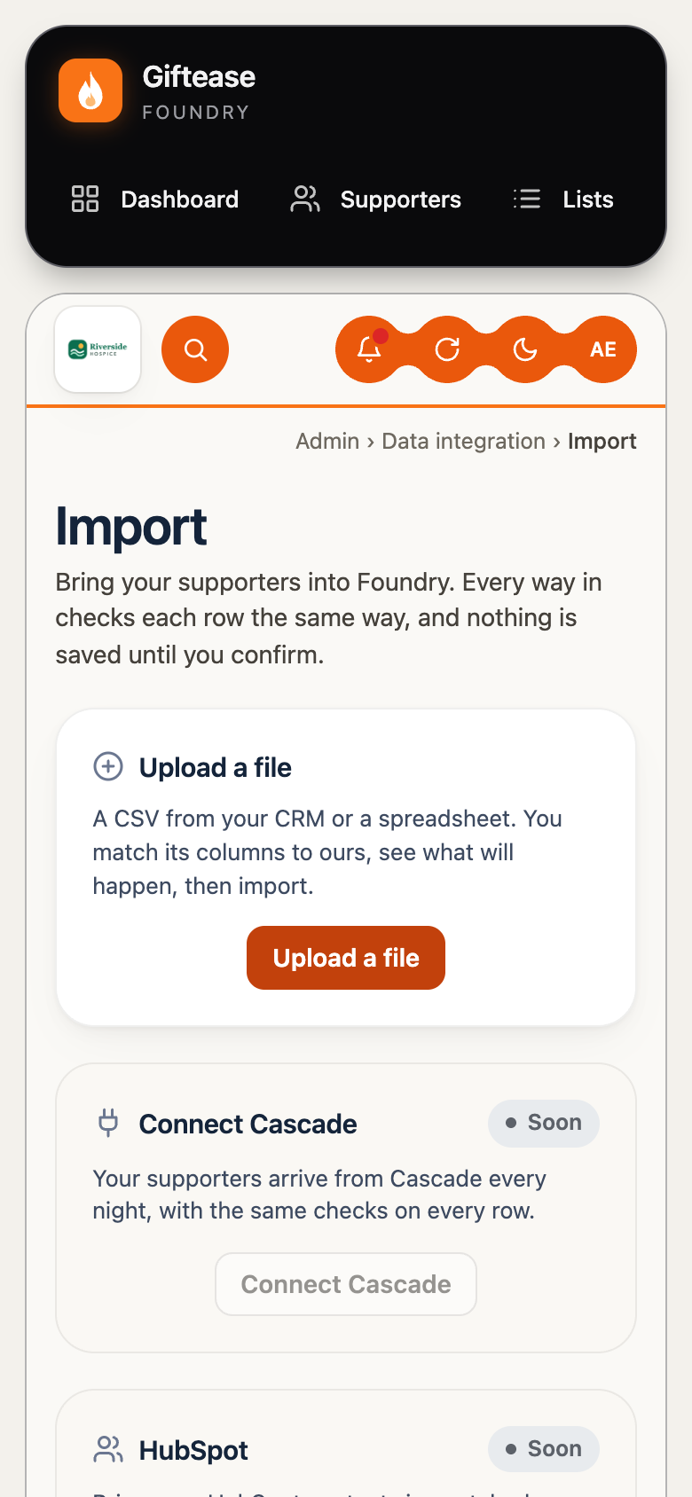 Foundry's Import page on a phone, with the menu row at the top