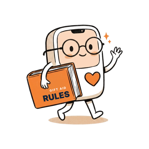 Giftly in glasses, carrying a Gift Aid Rules book