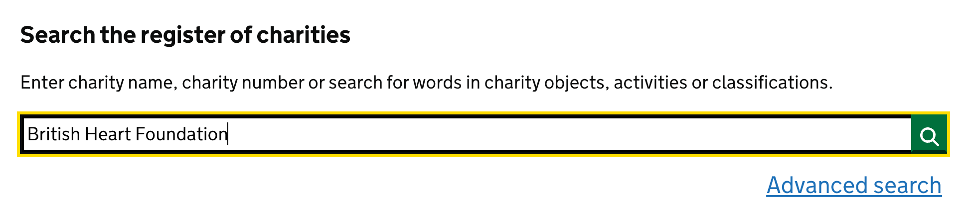 The Charity Commission register's search box, with British Heart Foundation typed in