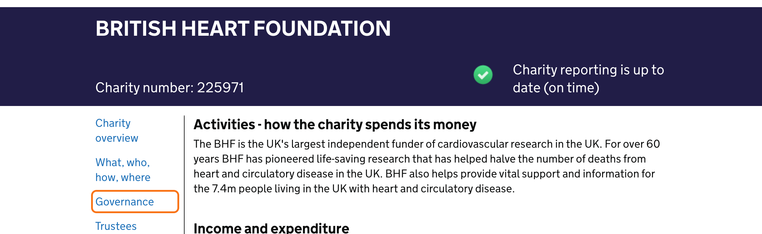 The British Heart Foundation's page on the Charity Commission register, with the Governance link highlighted in the menu on the left