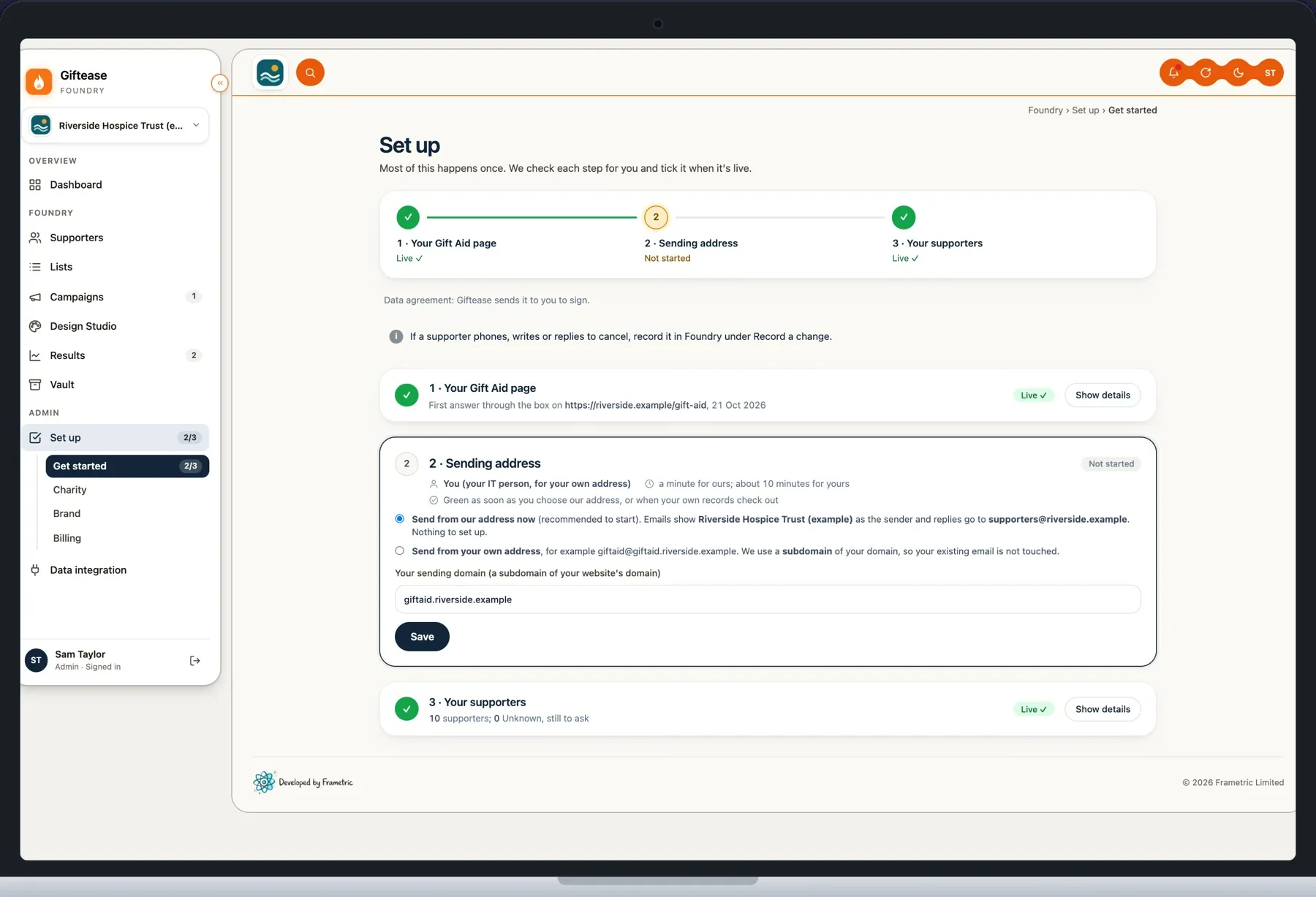 Foundry Get started page: the four set-up steps, installing your Gift Aid page, and what supporters see on a phone (example charity)