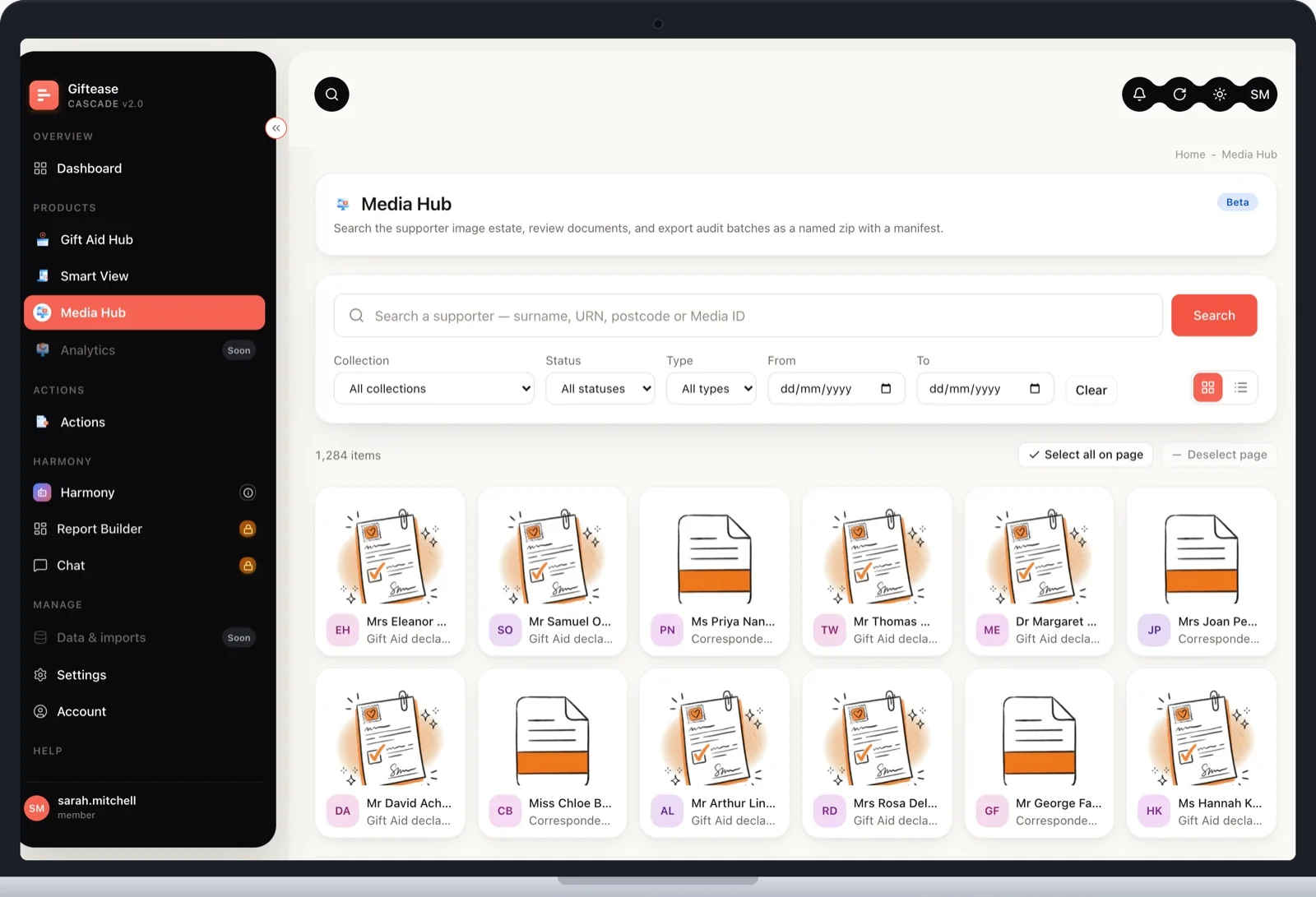 Cascade Media Hub with declaration and PDF thumbnails (example data)