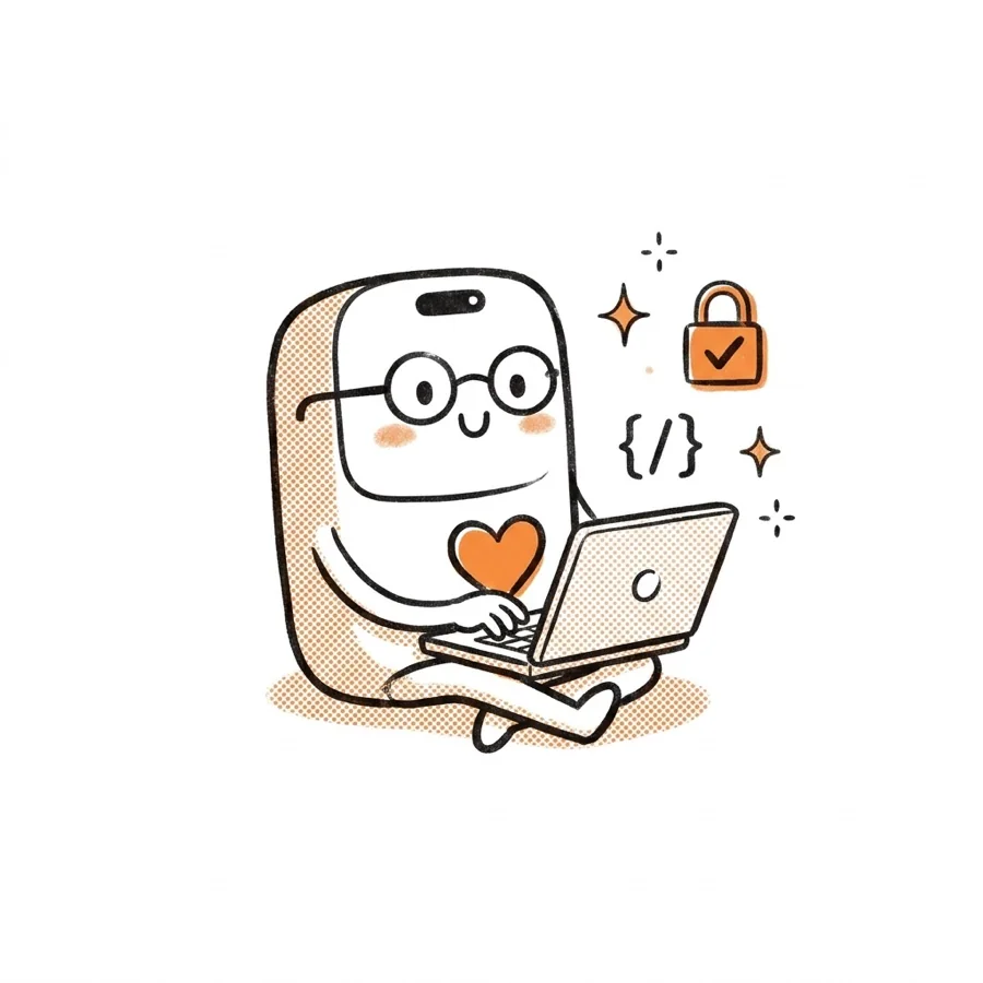 Giftly in round glasses, typing on a laptop, with a padlock and a code sign floating nearby