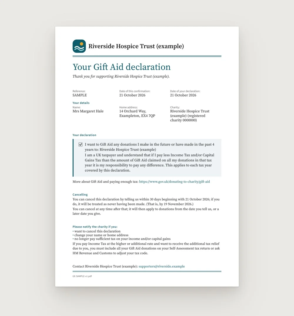 Broadsheet declaration record design (example charity)
