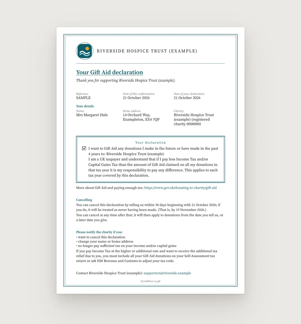 Patron declaration record design (example charity)