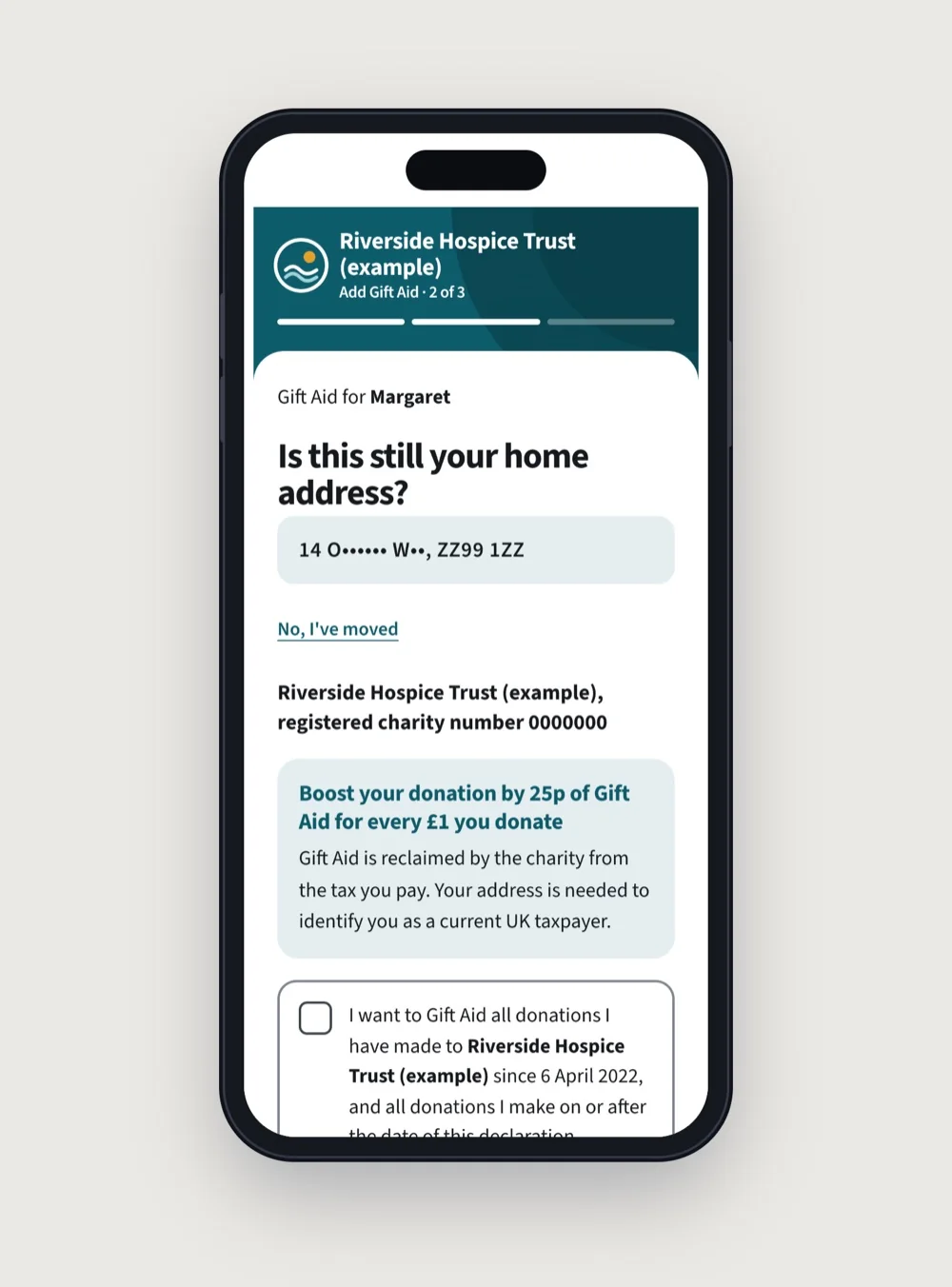 Colour Block supporter screen design (example charity)