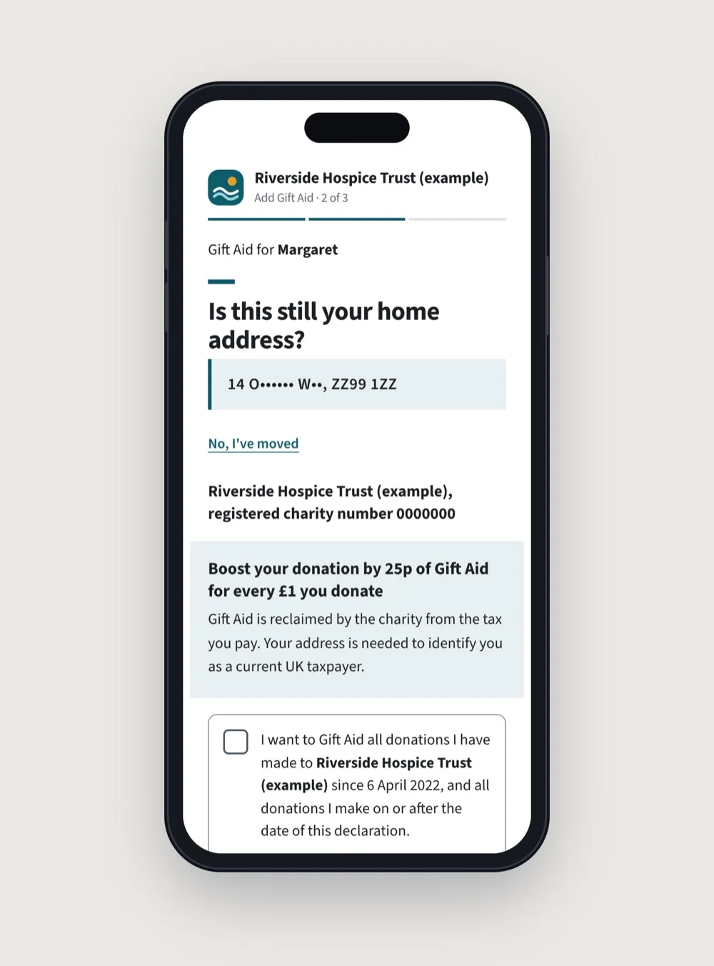 Margin Column supporter screen design (example charity)
