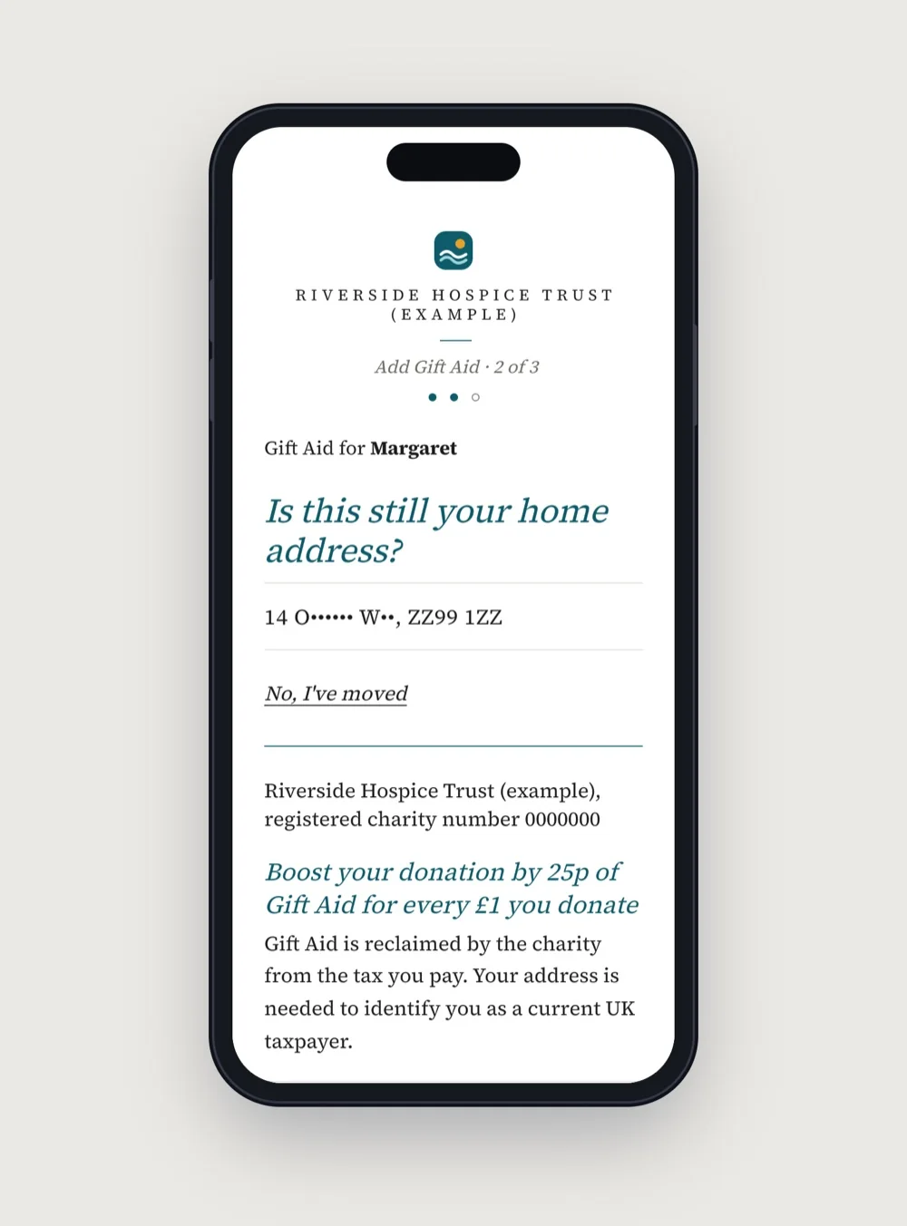 Quiet Luxury supporter screen design (example charity)