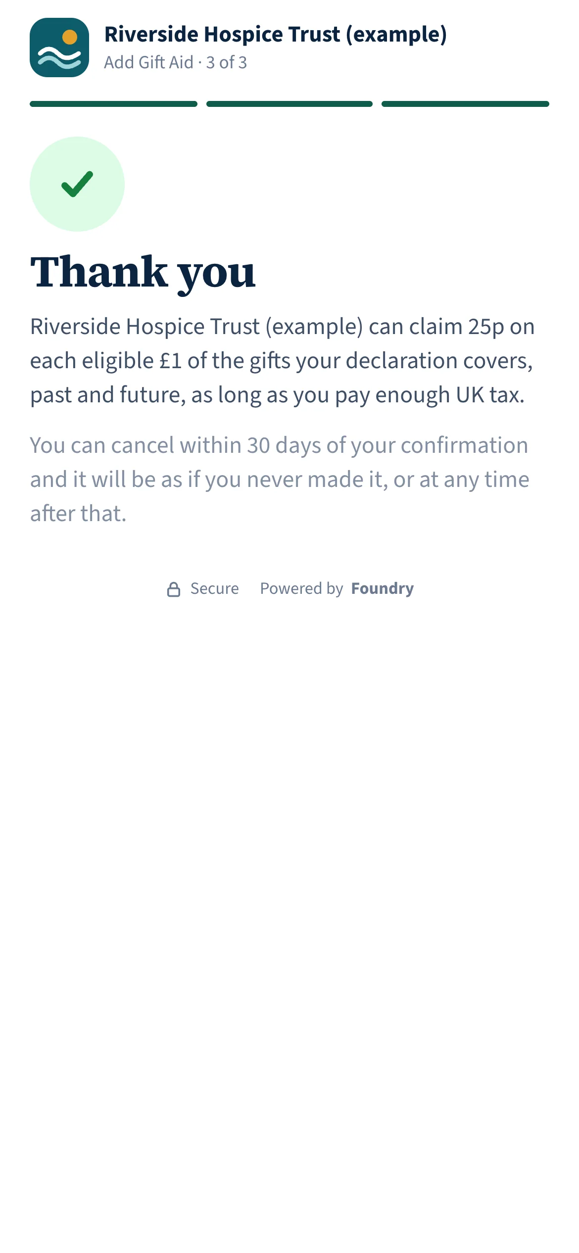 Thank you: the declaration is confirmed on screen and a copy is emailed (real screen)